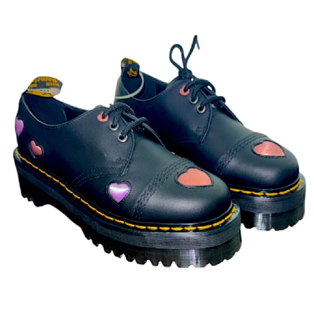 Dr. Martens Black Platform Oxfords with Pink Heart Accents - Picture 2 of 16